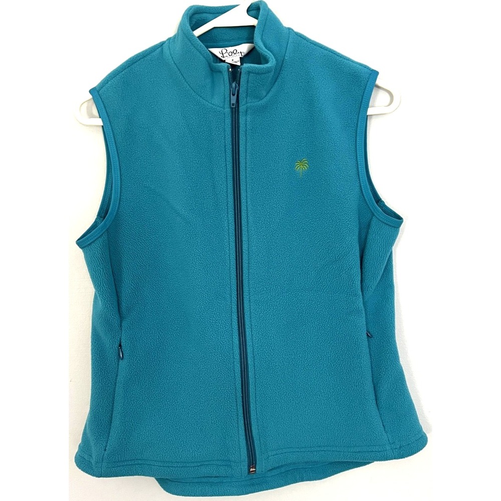VTG Lilly Pulitzer Vest Womens Small Teal Fleece Full Zip Palm Tree Logo Pockets